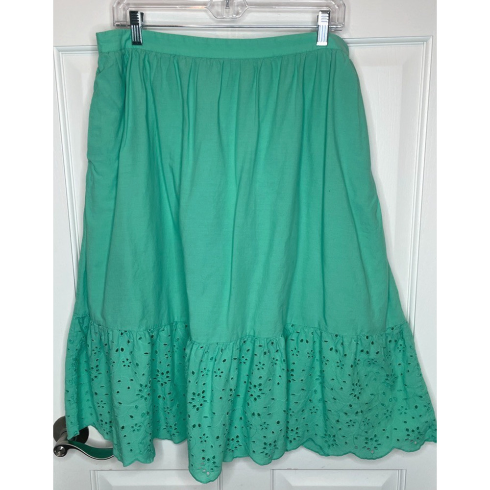 J.Crew Women's Eyelet Ruffle Hem Skirt Sz L Green Cotton Lined Prairie Boho